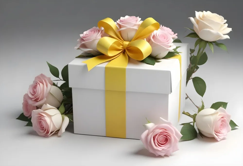 A Gift Box With A Yellow Ribbon And A Bouquet Of White Roses With Pink Flowers On A White Background 28 Ddc3