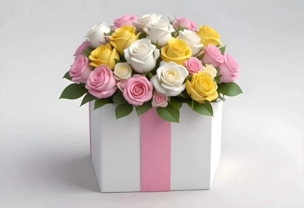 A Gift Box With A Yellow Ribbon And A Bouquet Of White Roses With Pink Flowers On A White Background 31 Fb3c