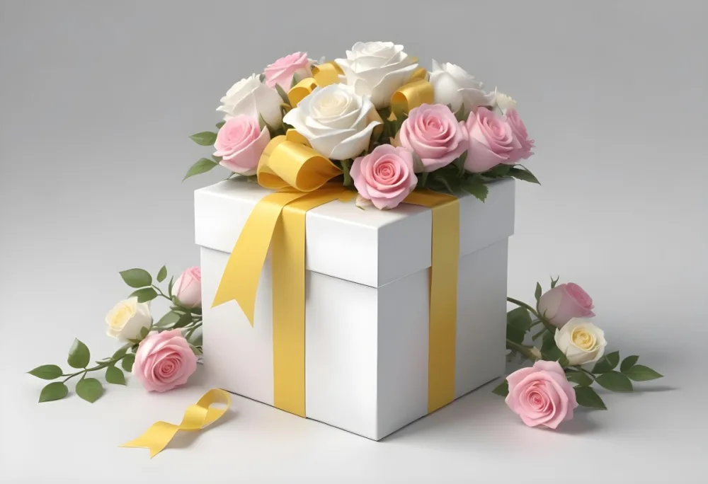 A Gift Box With A Yellow Ribbon And A Bouquet Of White Roses With Pink Flowers On A White Background 32 0663