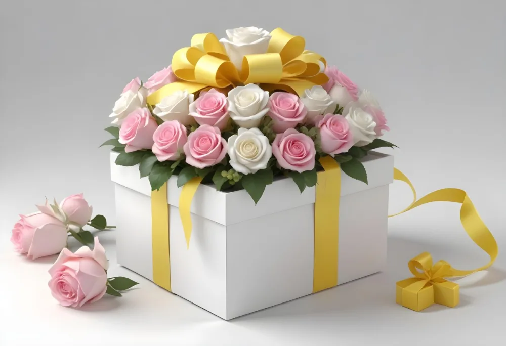A Gift Box With A Yellow Ribbon And A Bouquet Of White Roses With Pink Flowers On A White Background 33 0a91