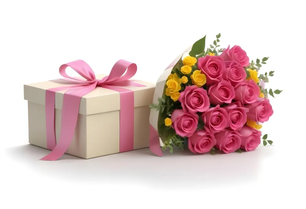 A Gift Box With A Yellow Ribbon And A Bouquet Of White Roses With Pink Flowers On A White Background 34 C11f