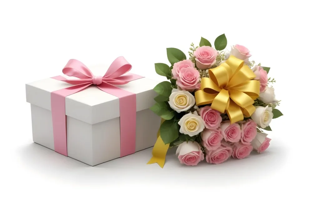 A Gift Box With A Yellow Ribbon And A Bouquet Of White Roses With Pink Flowers On A White Background 36 96a3