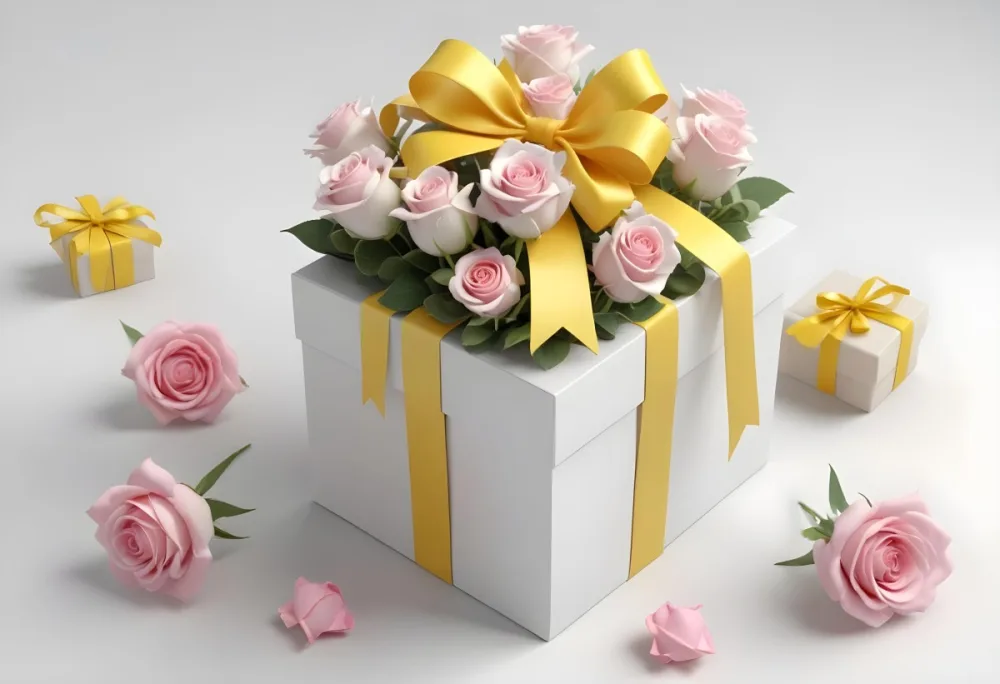 A Gift Box With A Yellow Ribbon And A Bouquet Of White Roses With Pink Flowers On A White Background 6 54fd