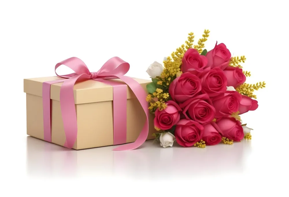 A Gift Box With A Yellow Ribbon And A Bouquet Of White Roses With Pink Flowers On A White Background 7 078a
