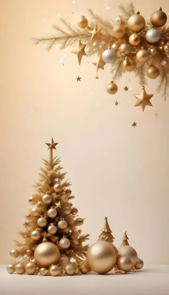 A Golden Christmas Tree With Ornaments And Stars Against A Light Background 13 2ff6