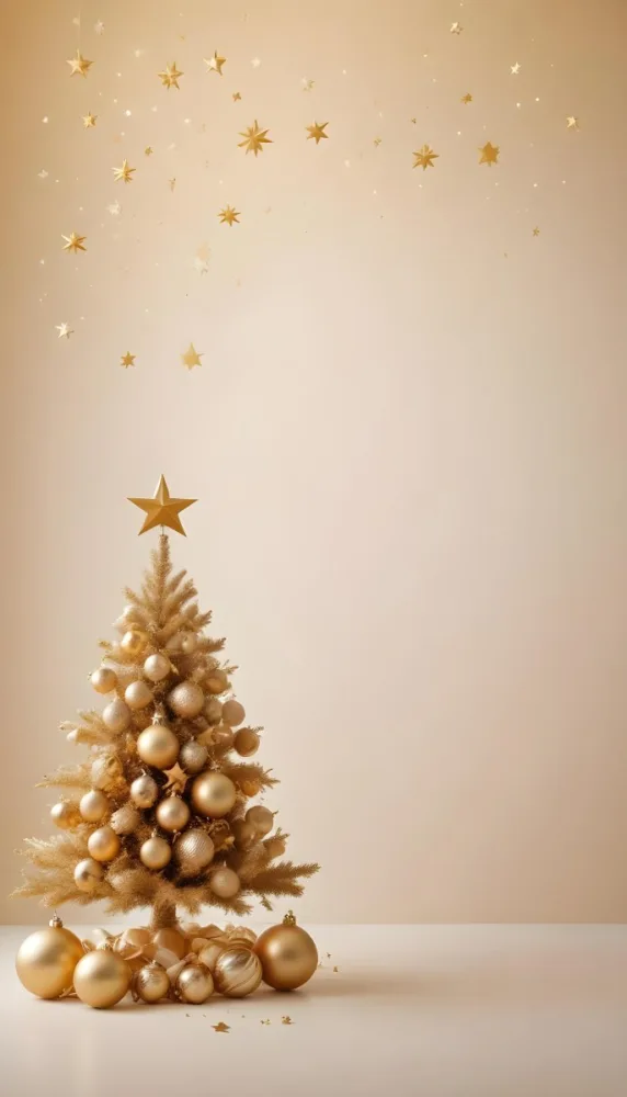 A Golden Christmas Tree With Ornaments And Stars Against A Light Background 2 9b23