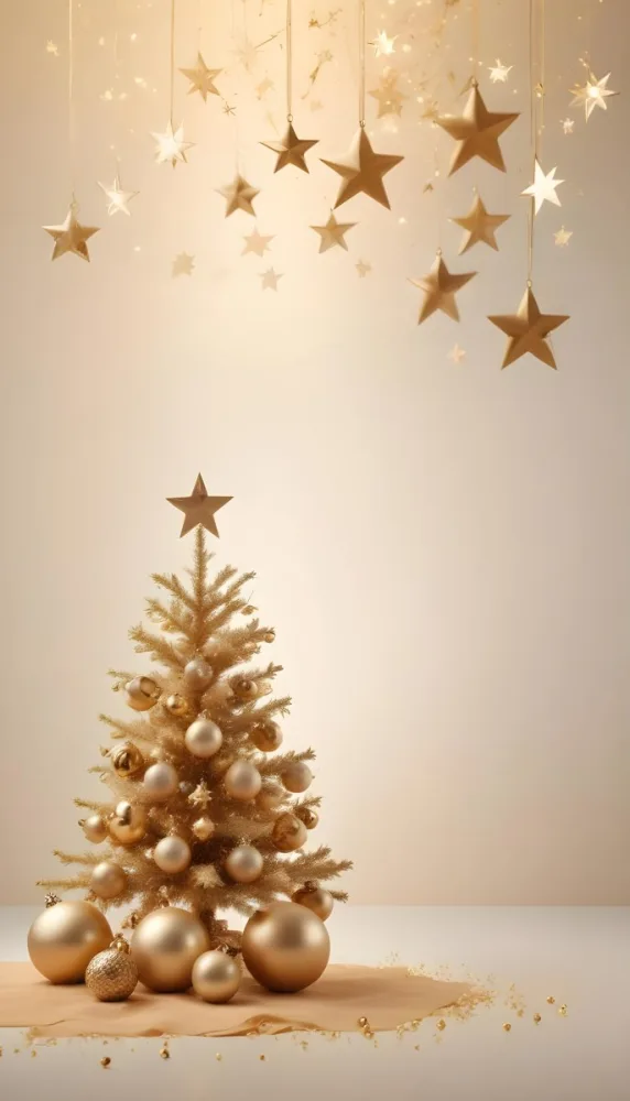 A Golden Christmas Tree With Ornaments And Stars Against A Light Background 30 C050