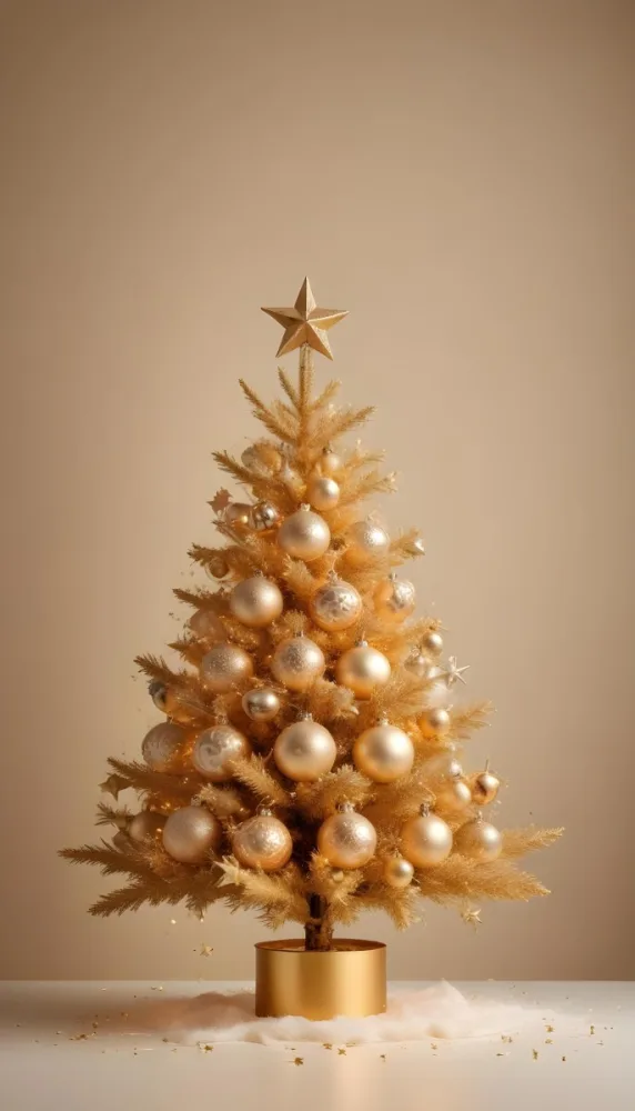 A Golden Christmas Tree With Ornaments And Stars Against A Light Background 36 F212