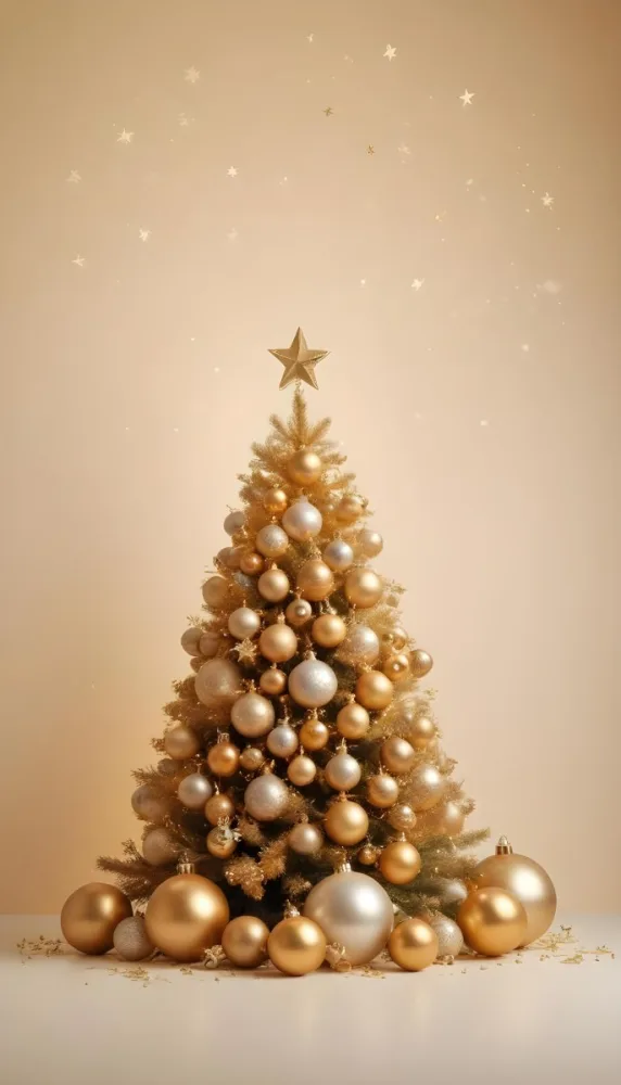 A Golden Christmas Tree With Ornaments And Stars Against A Light Background 37 Dcfd