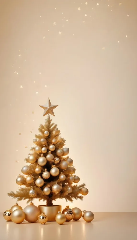 A Golden Christmas Tree With Ornaments And Stars Against A Light Background 38 C8e4