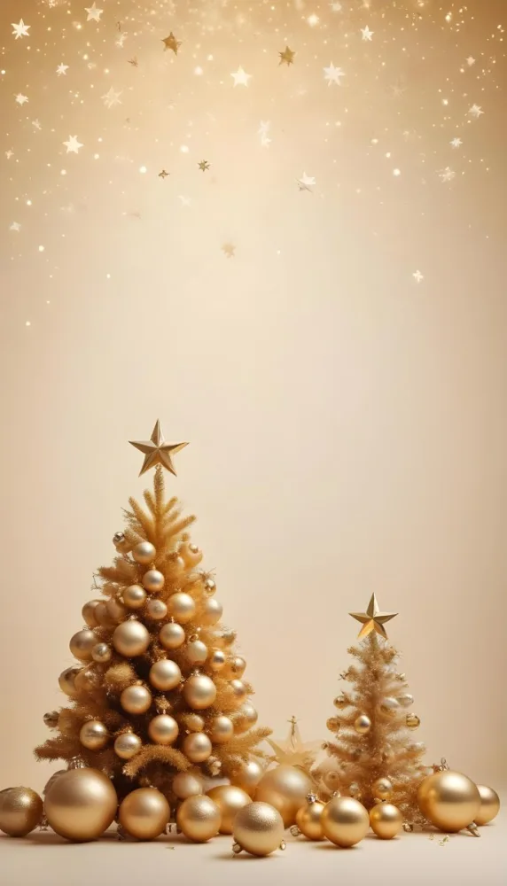 A Golden Christmas Tree With Ornaments And Stars Against A Light Background 4 E64f