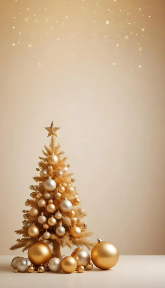 A Golden Christmas Tree With Ornaments And Stars Against A Light Background 40 2ec6