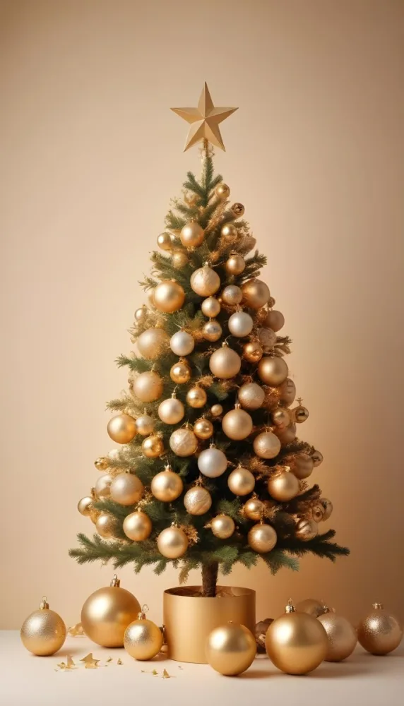 A Golden Christmas Tree With Ornaments And Stars Against A Light Background 6 5730