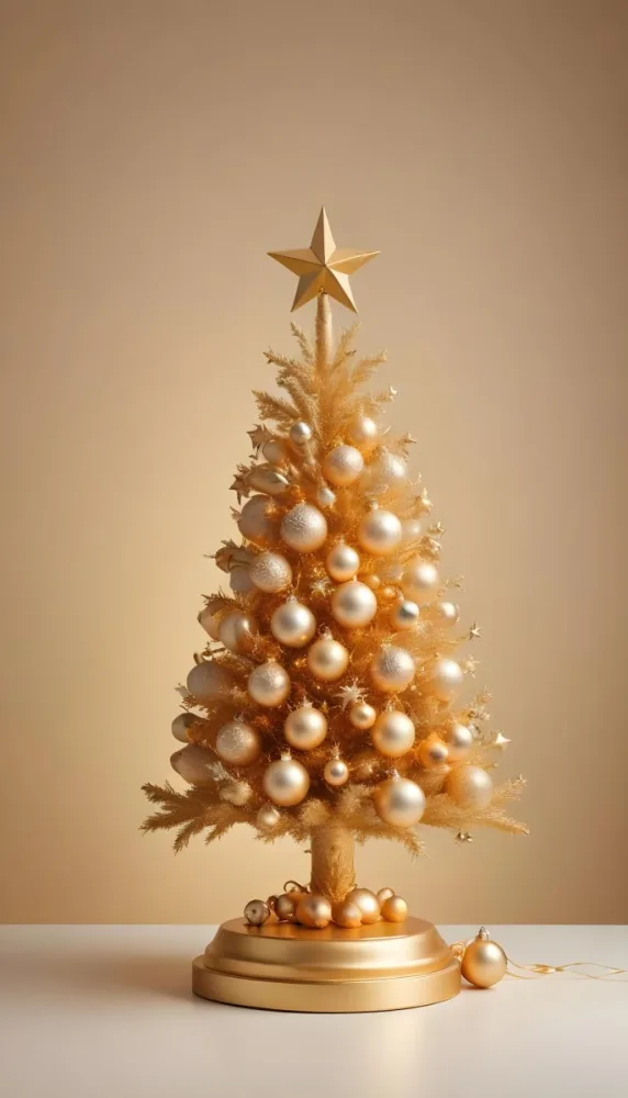 A Golden Christmas Tree With Ornaments And Stars Against A Light Background 7 4d3f