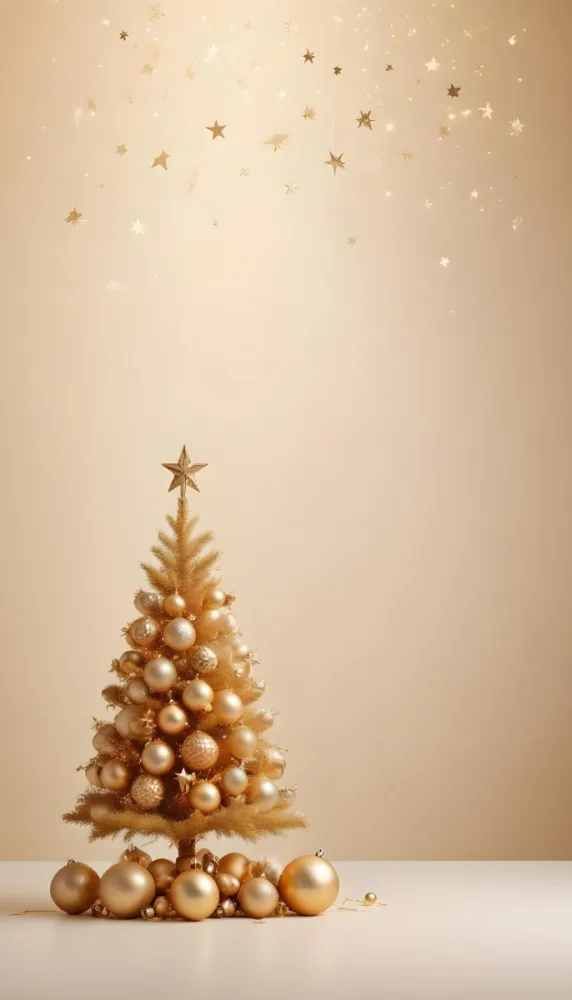 A Golden Christmas Tree With Ornaments And Stars Against A Light Background 9 D62b