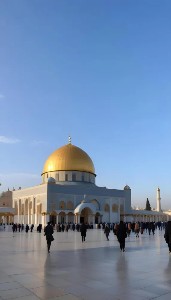 A Golden Domed Mosque With People Walking Around It In A Sunny Day 11 Fff2