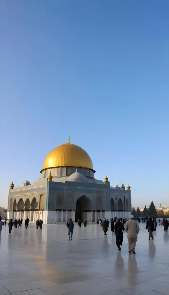 A Golden Domed Mosque With People Walking Around It In A Sunny Day 12 D223