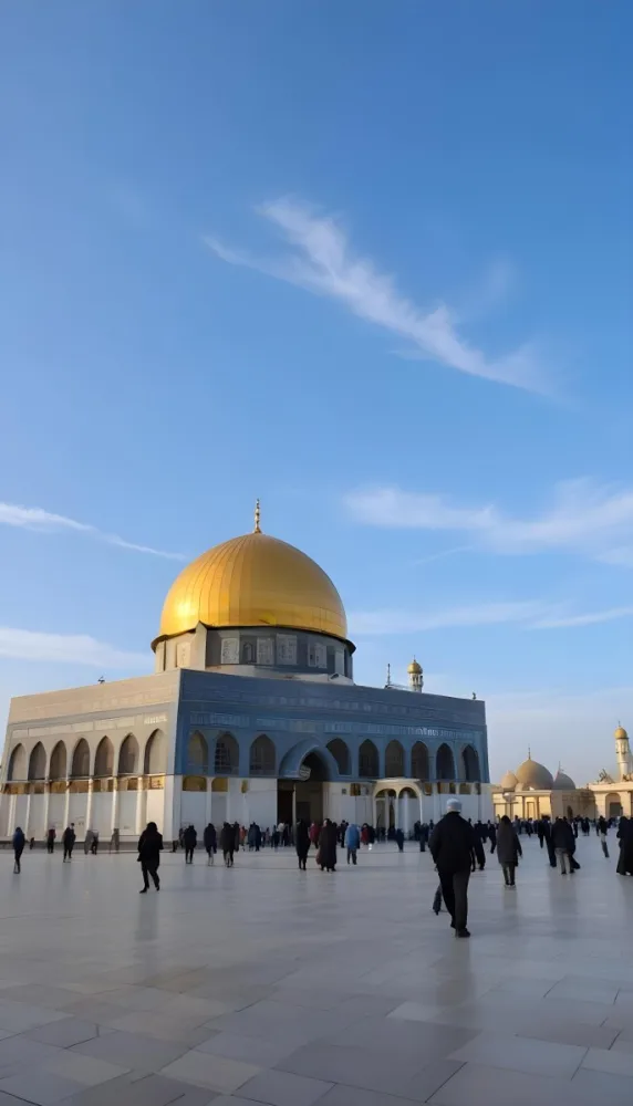A Golden Domed Mosque With People Walking Around It In A Sunny Day 13 2517