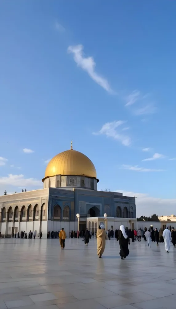A Golden Domed Mosque With People Walking Around It In A Sunny Day 14 0cae