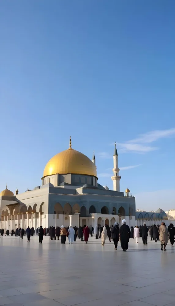 A Golden Domed Mosque With People Walking Around It In A Sunny Day 15 3e3d