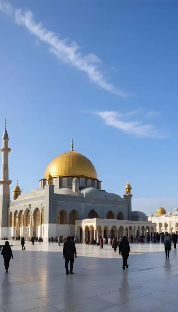 A Golden Domed Mosque With People Walking Around It In A Sunny Day 16 369a