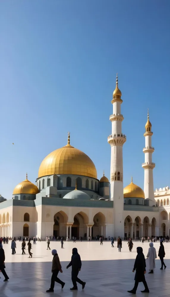 A Golden Domed Mosque With People Walking Around It In A Sunny Day 2 Bb0b