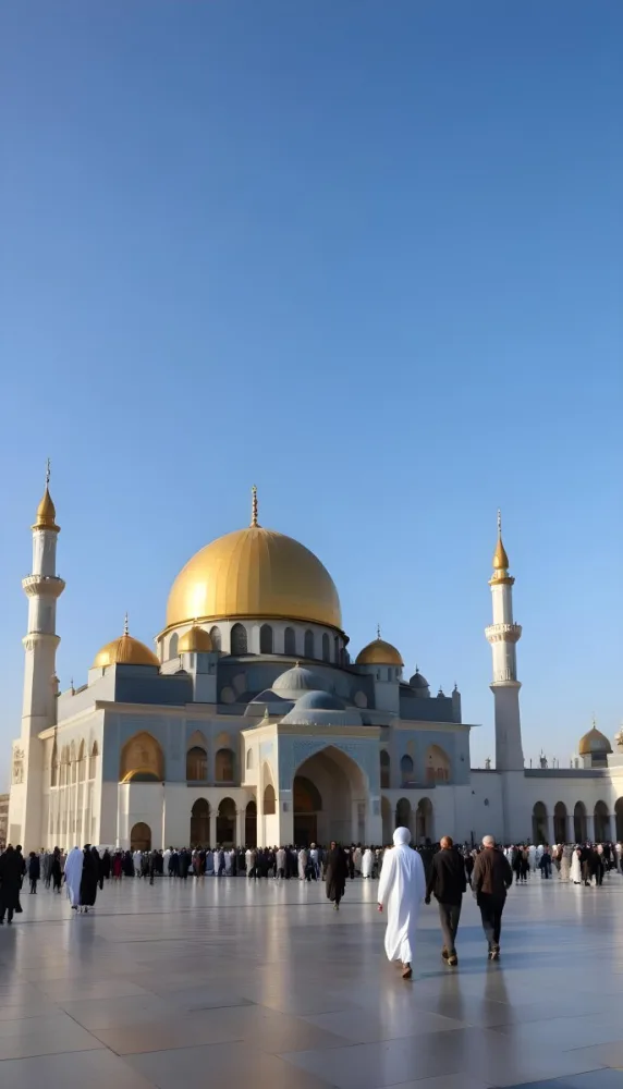 A Golden Domed Mosque With People Walking Around It In A Sunny Day 3 D1f9