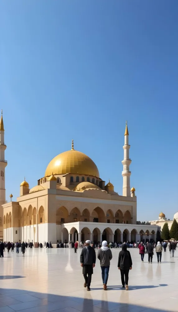 A Golden Domed Mosque With People Walking Around It In A Sunny Day 4 Ea6b