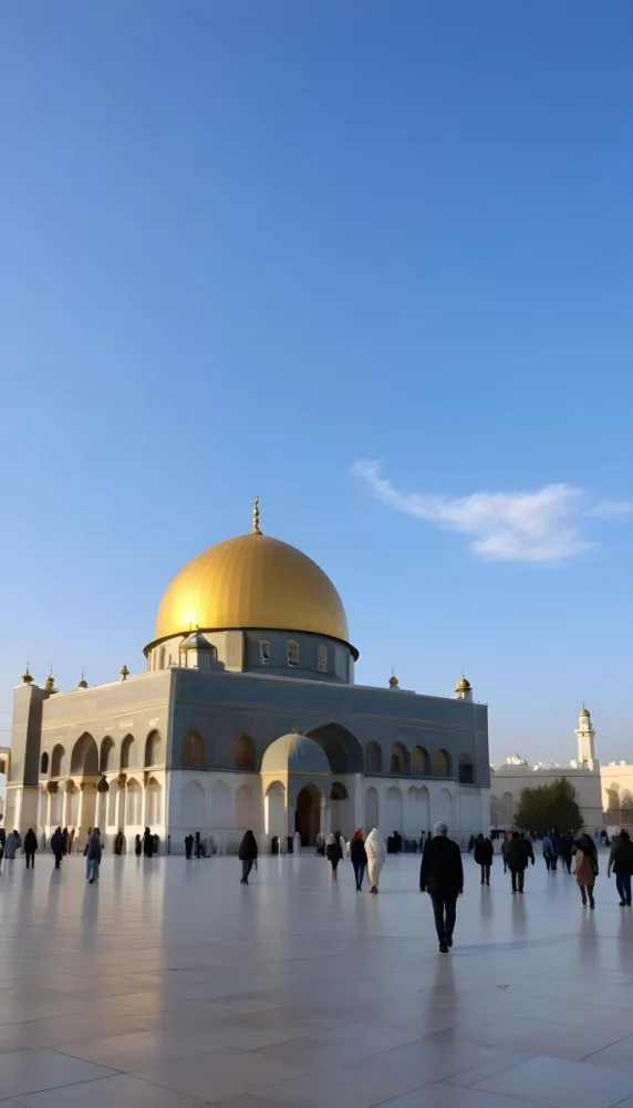A Golden Domed Mosque With People Walking Around It In A Sunny Day 5 D51b
