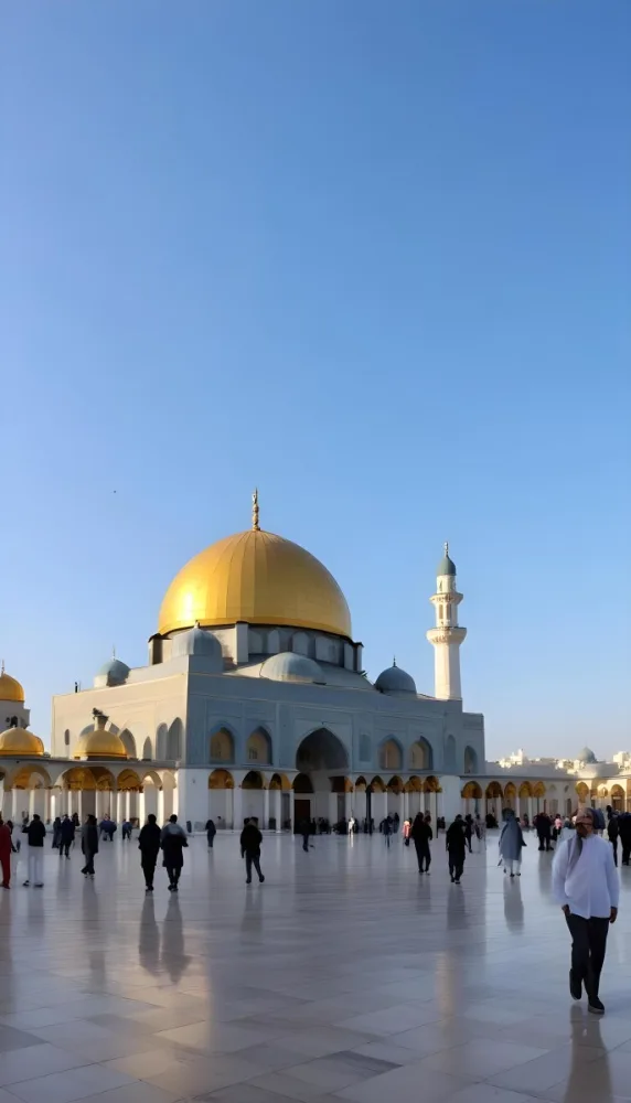 A Golden Domed Mosque With People Walking Around It In A Sunny Day 6 Dc89