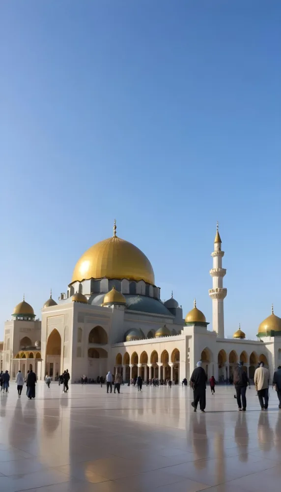 A Golden Domed Mosque With People Walking Around It In A Sunny Day 7 5f56