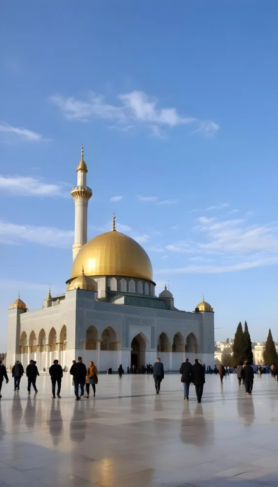 A Golden Domed Mosque With People Walking Around It In A Sunny Day 8 7b34