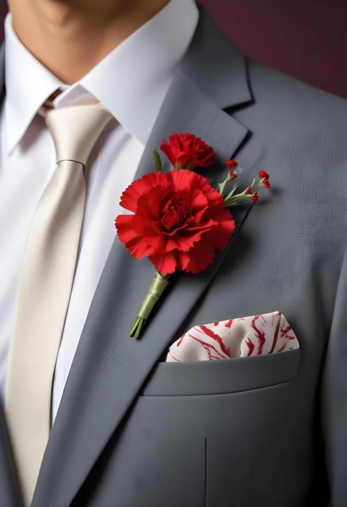 A Gray Suit Jacket With A Red Boutonniere Made Of Carnation Flowers Pinned To The Lapel 1 43ed