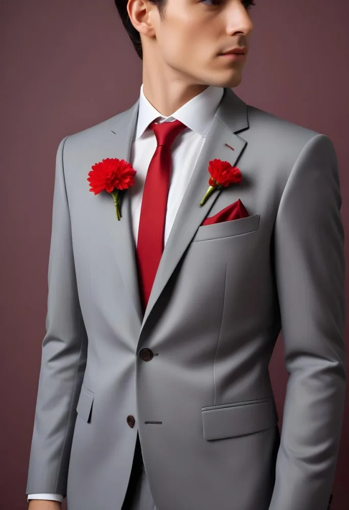 A Gray Suit Jacket With A Red Boutonniere Made Of Carnation Flowers Pinned To The Lapel 12 Ca71
