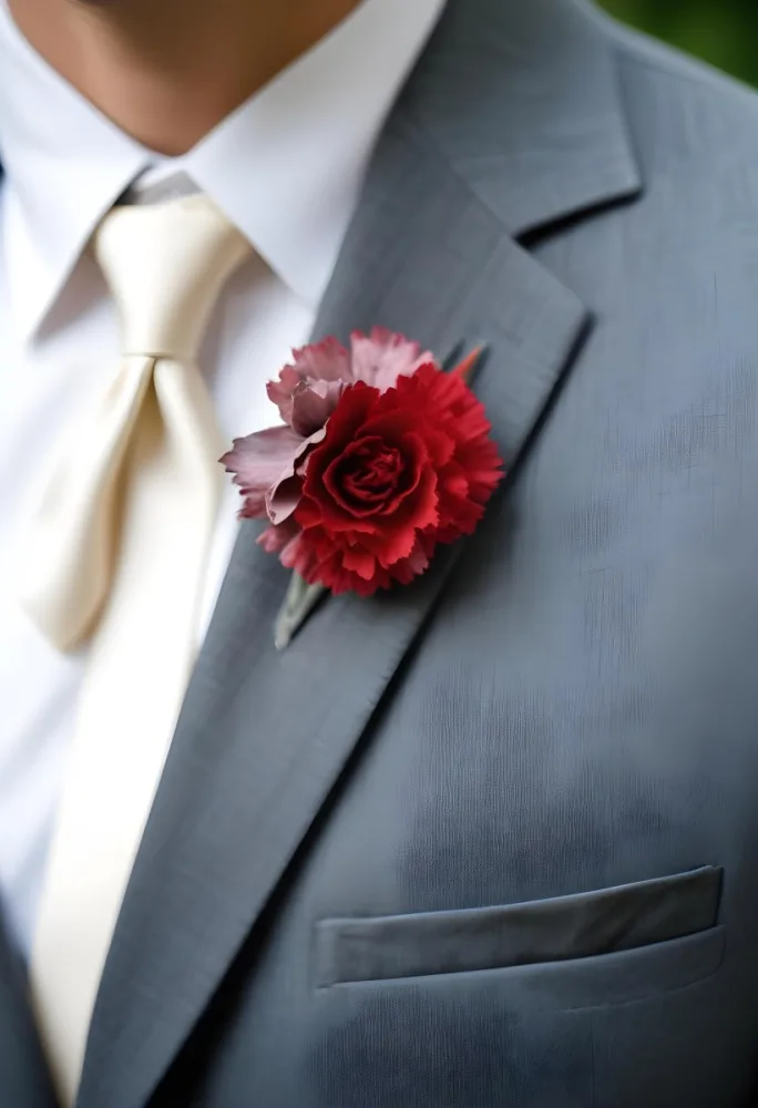 A Gray Suit Jacket With A Red Boutonniere Made Of Carnation Flowers Pinned To The Lapel 15 F4d6