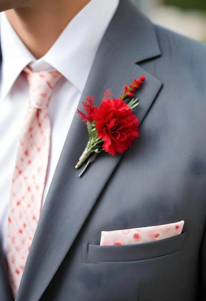 A Gray Suit Jacket With A Red Boutonniere Made Of Carnation Flowers Pinned To The Lapel 18 21a7