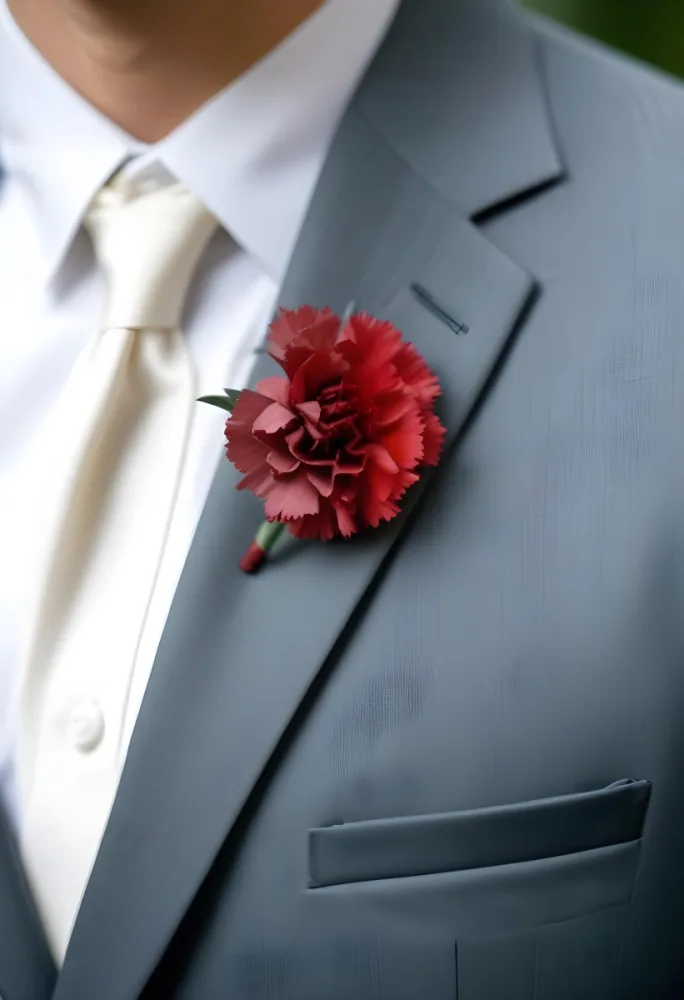 A Gray Suit Jacket With A Red Boutonniere Made Of Carnation Flowers Pinned To The Lapel 2 C74c