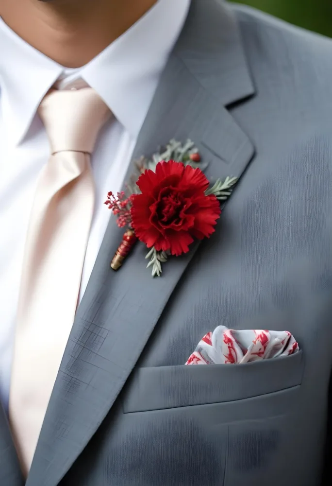 A Gray Suit Jacket With A Red Boutonniere Made Of Carnation Flowers Pinned To The Lapel 20 B542