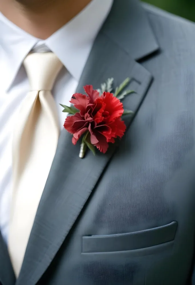 A Gray Suit Jacket With A Red Boutonniere Made Of Carnation Flowers Pinned To The Lapel 21 9ea8