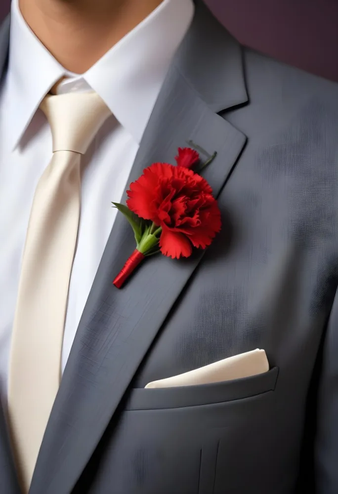 A Gray Suit Jacket With A Red Boutonniere Made Of Carnation Flowers Pinned To The Lapel 23 8428