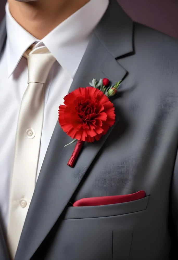 A Gray Suit Jacket With A Red Boutonniere Made Of Carnation Flowers Pinned To The Lapel 24 B618