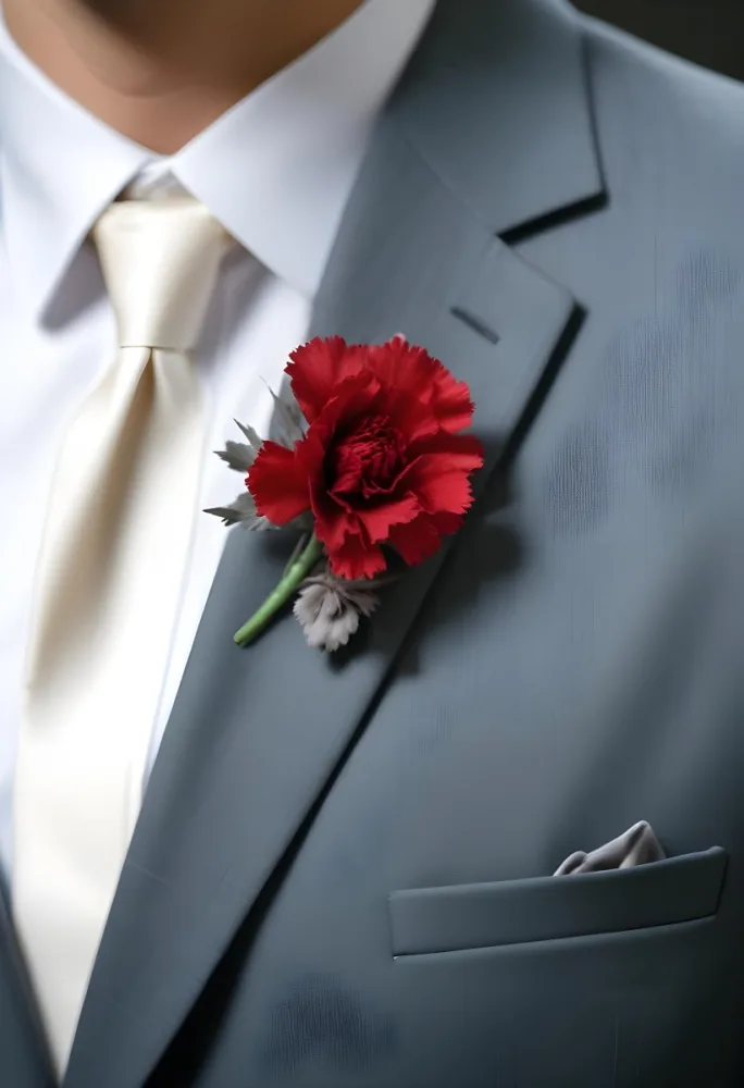 A Gray Suit Jacket With A Red Boutonniere Made Of Carnation Flowers Pinned To The Lapel 3 54f0