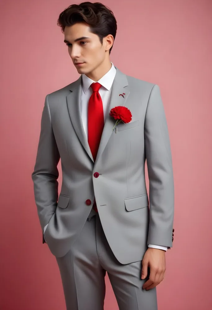 A Gray Suit Jacket With A Red Boutonniere Made Of Carnation Flowers Pinned To The Lapel 4 C3ca