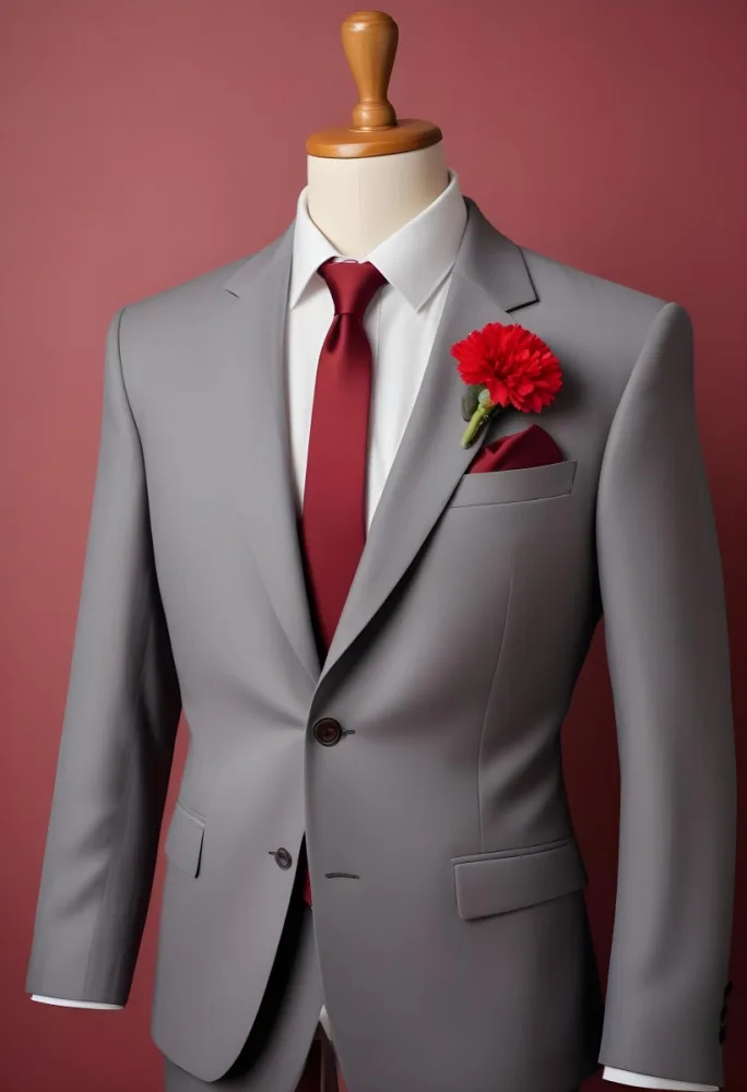 A Gray Suit Jacket With A Red Boutonniere Made Of Carnation Flowers Pinned To The Lapel 5 3ffa