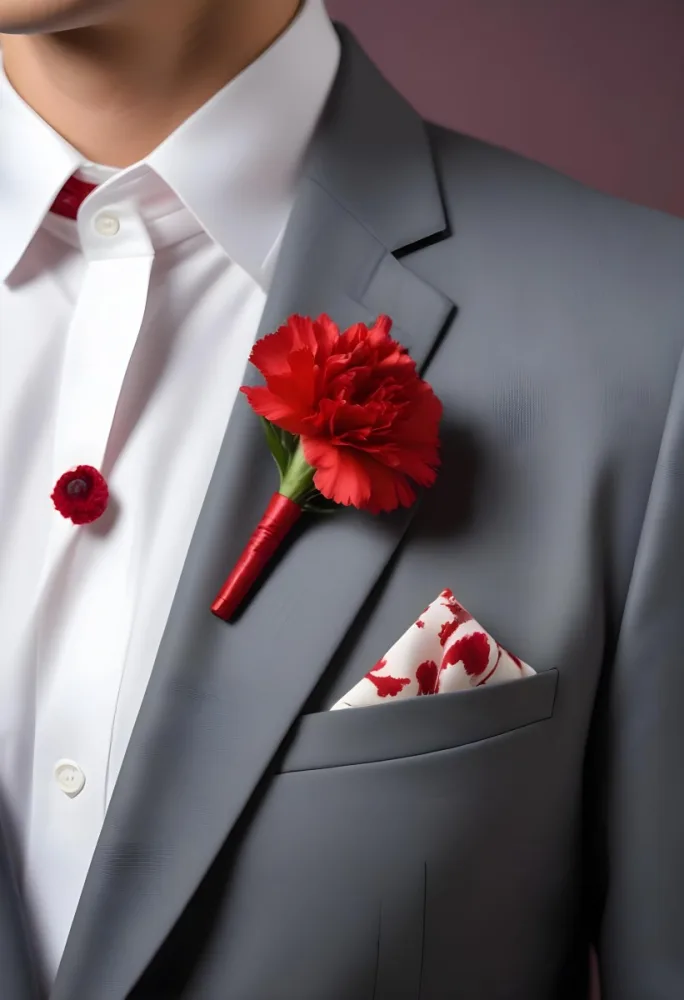 A Gray Suit Jacket With A Red Boutonniere Made Of Carnation Flowers Pinned To The Lapel 6 9337