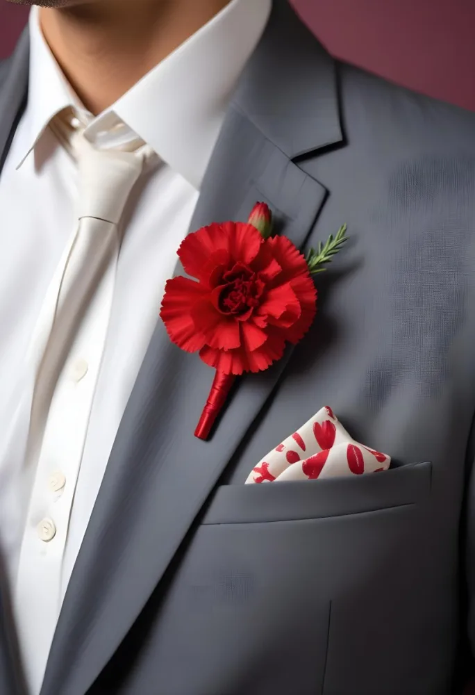A Gray Suit Jacket With A Red Boutonniere Made Of Carnation Flowers Pinned To The Lapel 7 Fa8c
