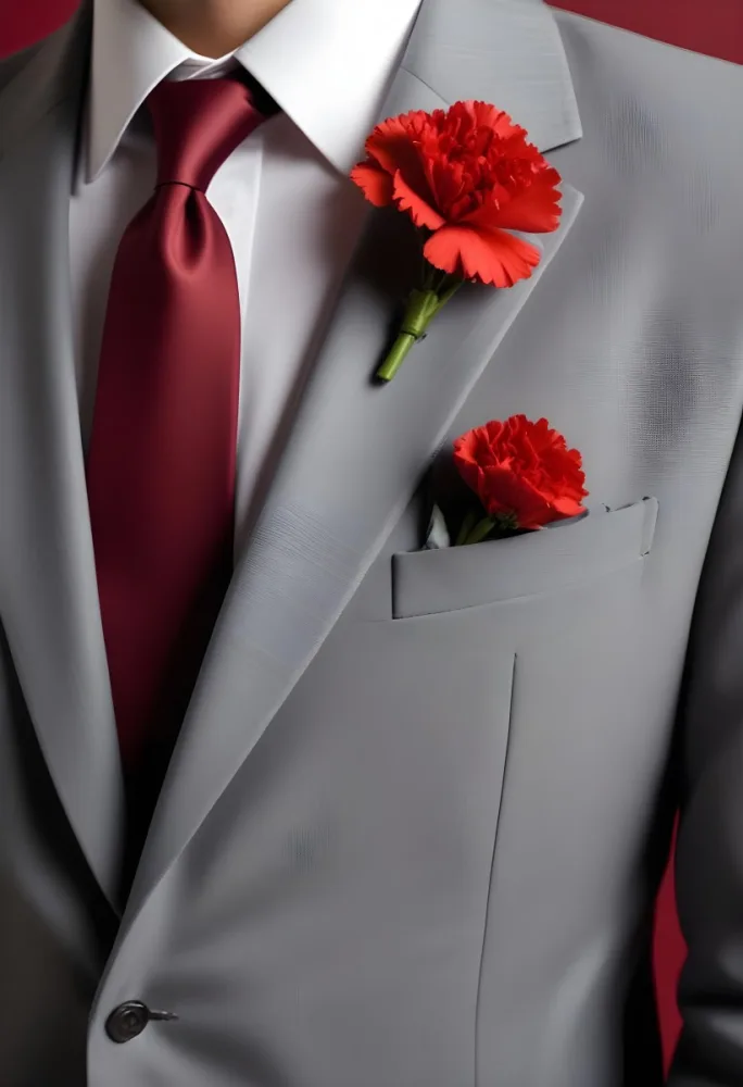 A Gray Suit Jacket With A Red Boutonniere Made Of Carnation Flowers Pinned To The Lapel 8 6370