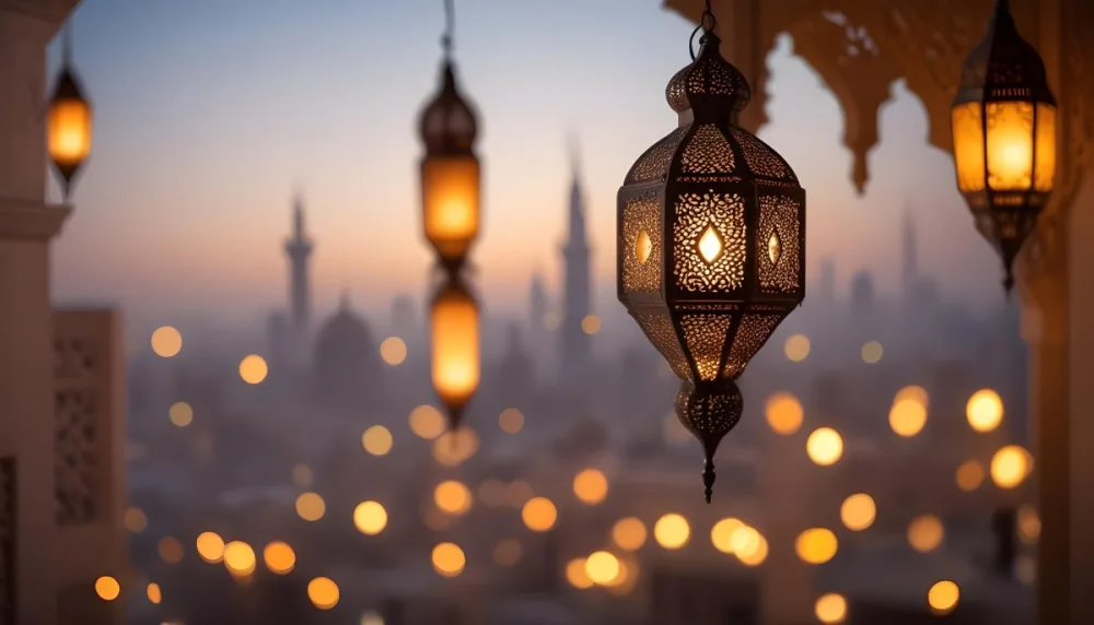 A Hanging Arabic Lantern With Intricate Metalwork Warm Light Glowing Through The Cutouts City Lights Bokeh In The Background Festive Atmosphere 13 A7a0