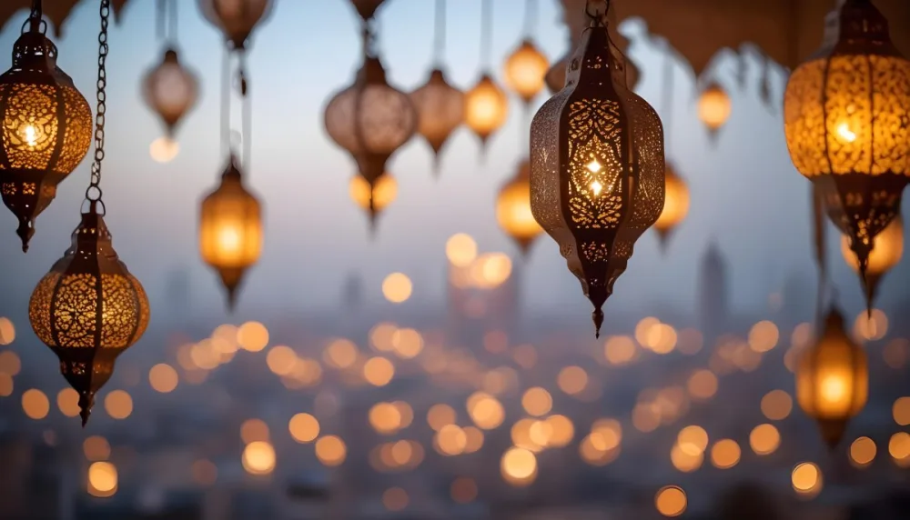 A Hanging Arabic Lantern With Intricate Metalwork Warm Light Glowing Through The Cutouts City Lights Bokeh In The Background Festive Atmosphere 3 A82e