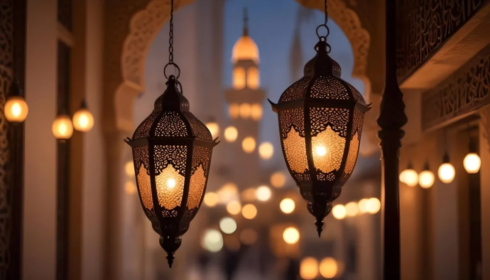 A Hanging Arabic Lantern With Intricate Metalwork Warm Light Glowing Through The Cutouts City Lights Bokeh In The Background Festive Atmosphere 33 5066